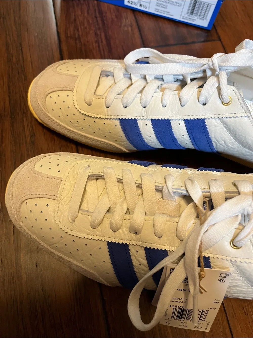 adidas womens japan White Leather Sneakers with Blue Stripes and Yellow Gum Sole